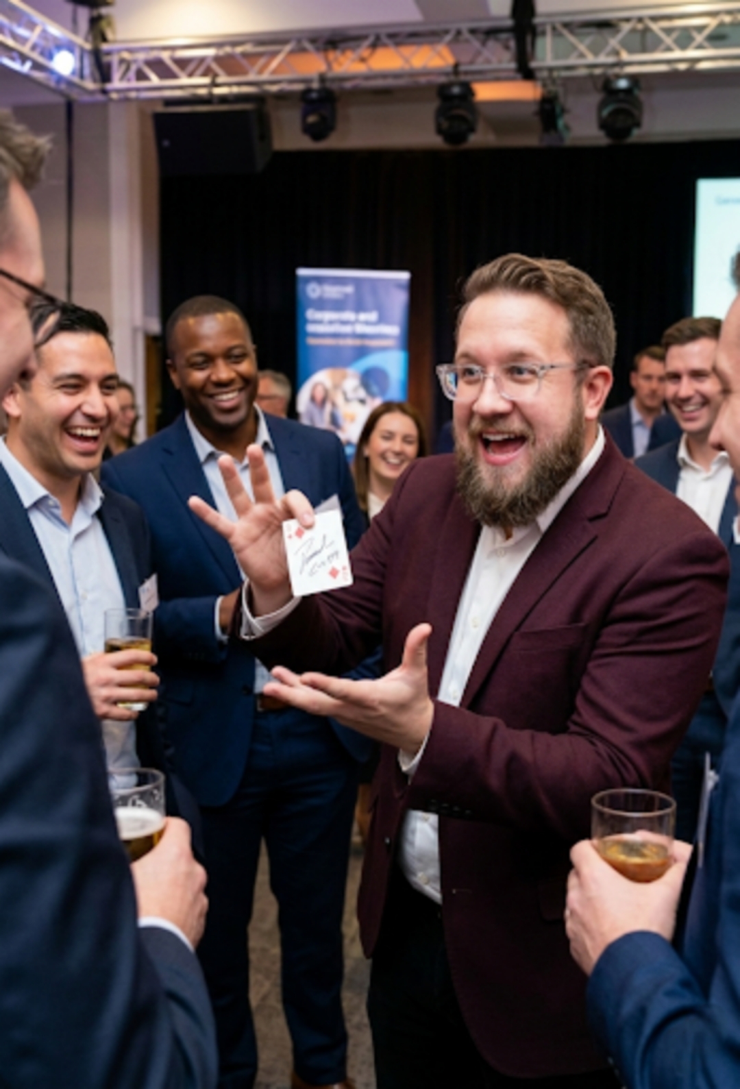 Corporate magician Chris Wheel performing strolling magic at Upstate New York corporate event