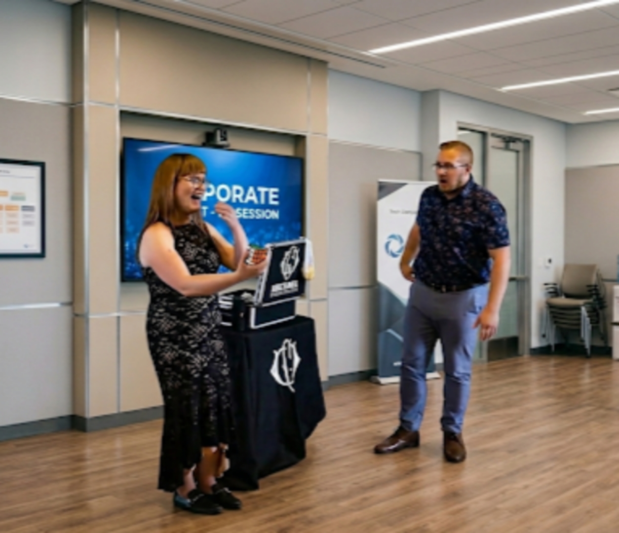 Chris Wheel performing interactive parlor magic show for corporate audience in New York
