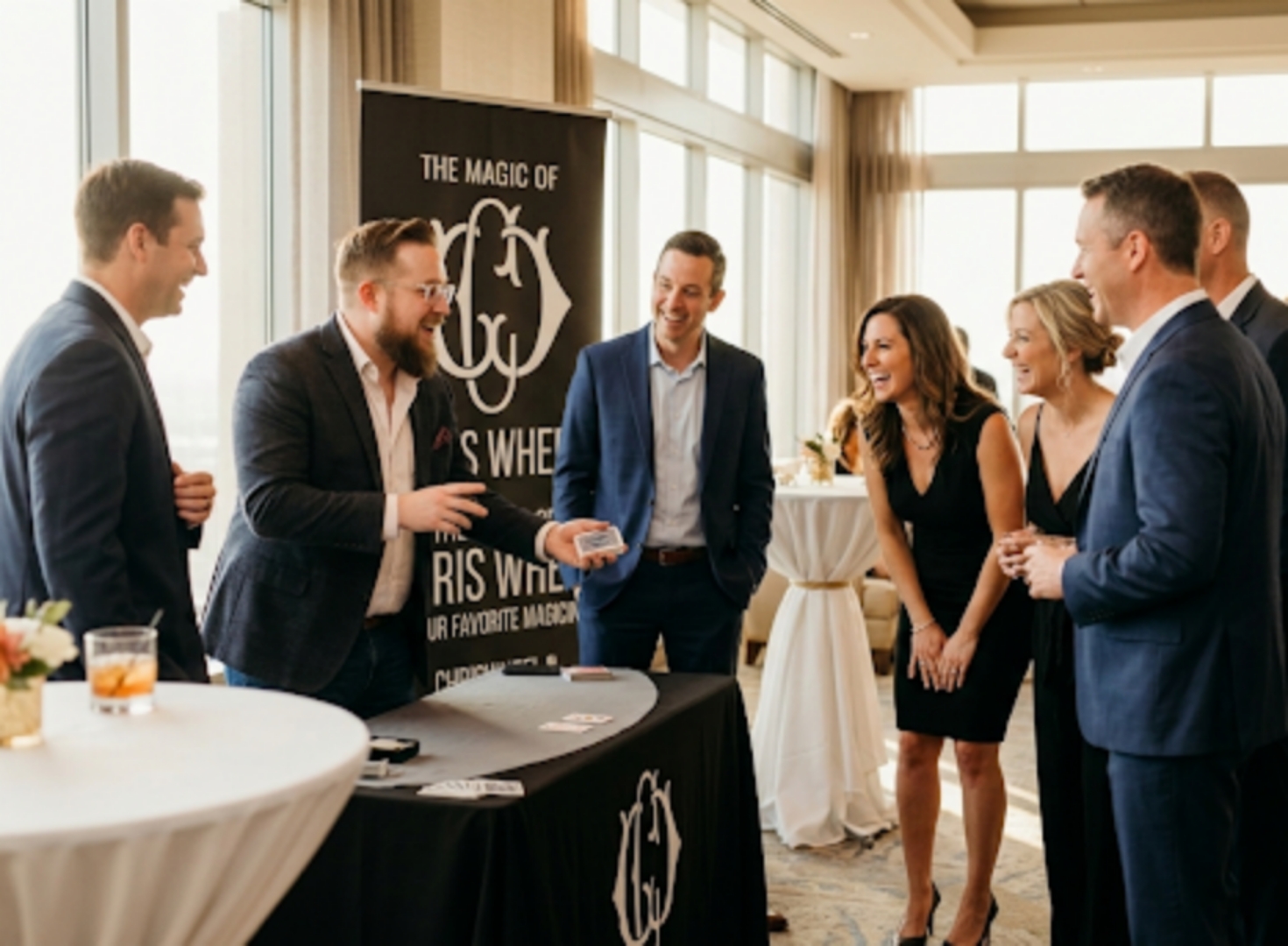 Corporate magician Chris Wheel performing close-up magic at Upstate New York event